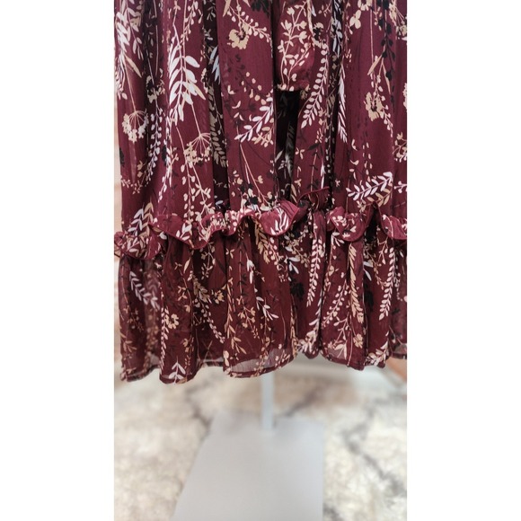 Calvin Klein Burgundy Cream Floral Ruffle Sheer Sleeve Midi V-Neck Dress 12 - Picture 5 of 5